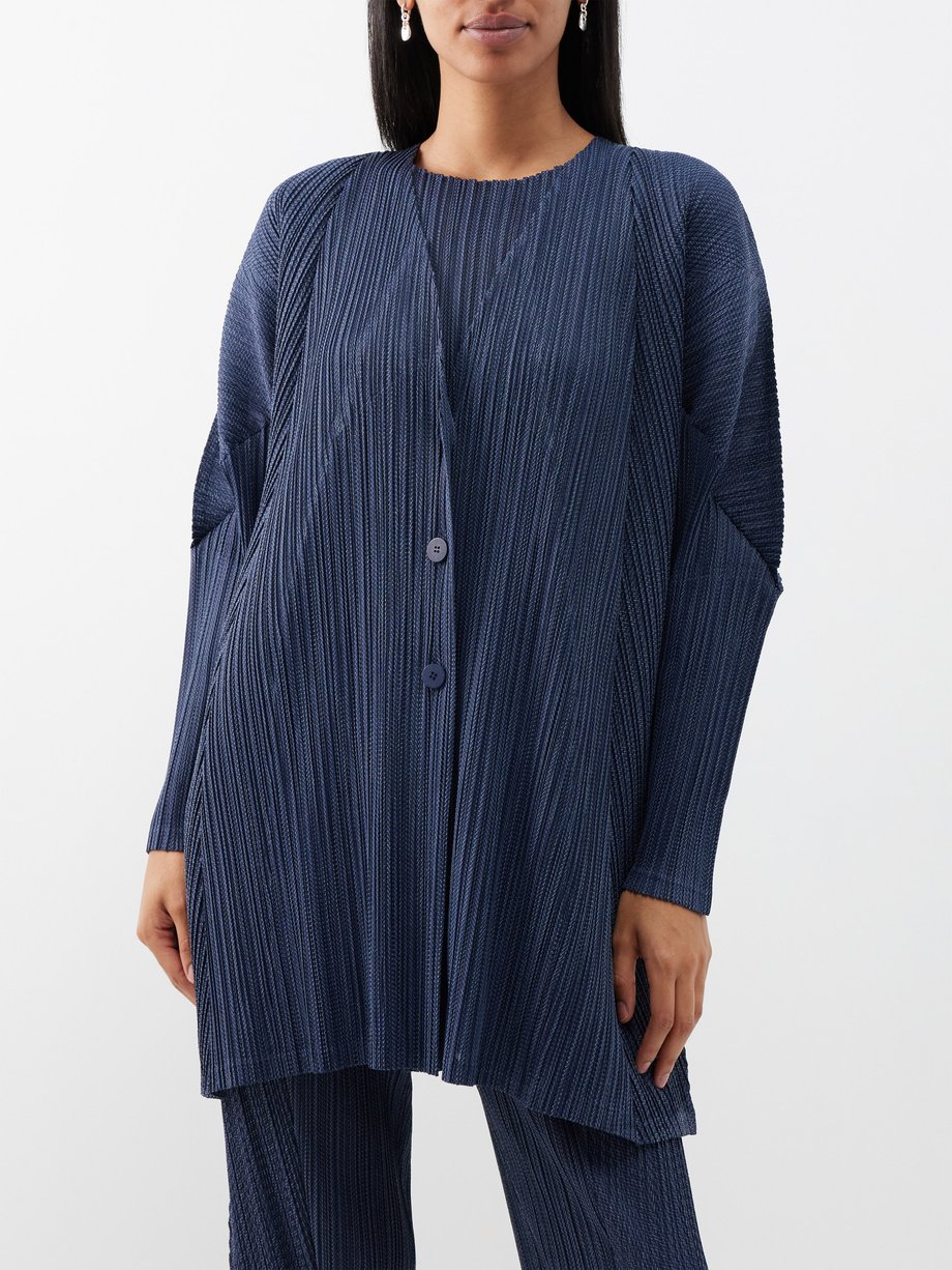Navy V-neck cotton-blend technical-pleated jacket | Pleats Please Issey ...