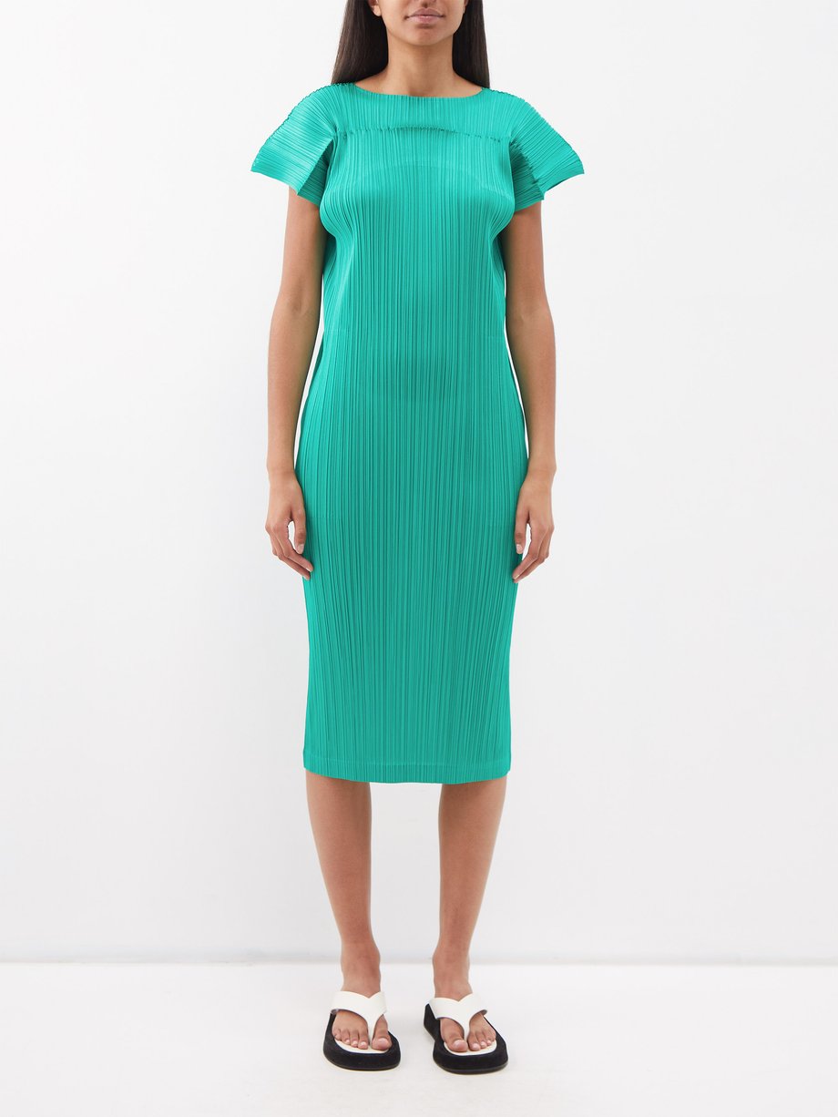 Green Boat-neck technical-pleated dress | Pleats Please Issey Miyake ...
