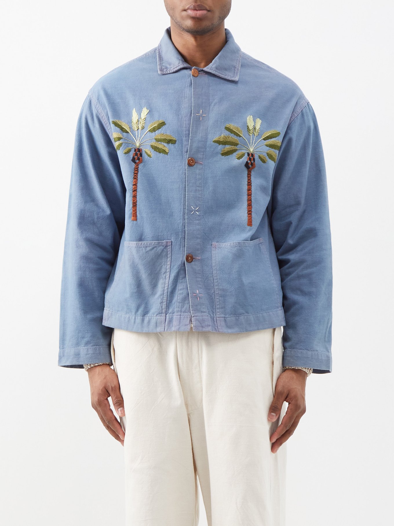 Blue Short On Time embroidered organic-cotton jacket | Story MFG