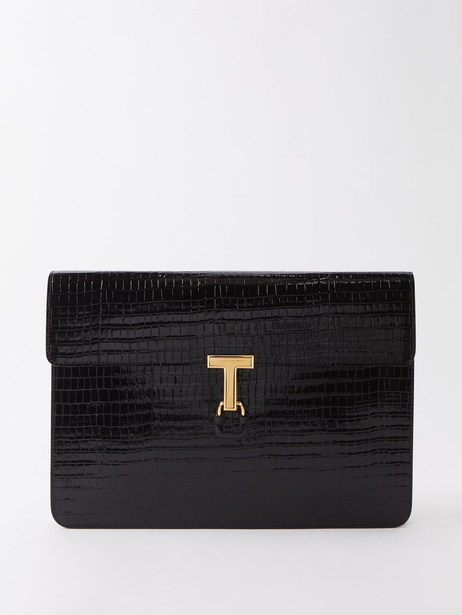 Black T-hardware crocodile-effect leather briefcase | Tom Ford