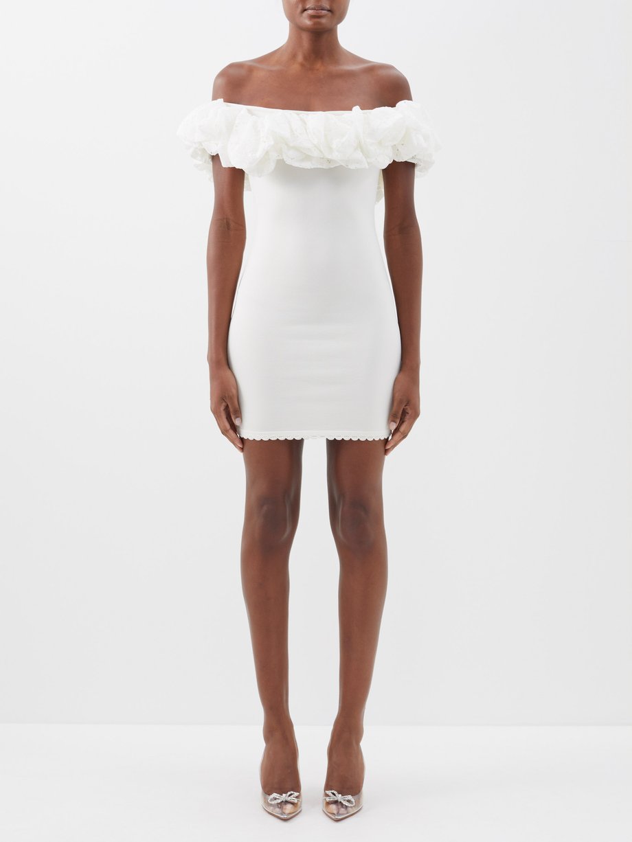 Alexandre Vauthier Lace-ruffle off-the-shoulder knitted mini dress