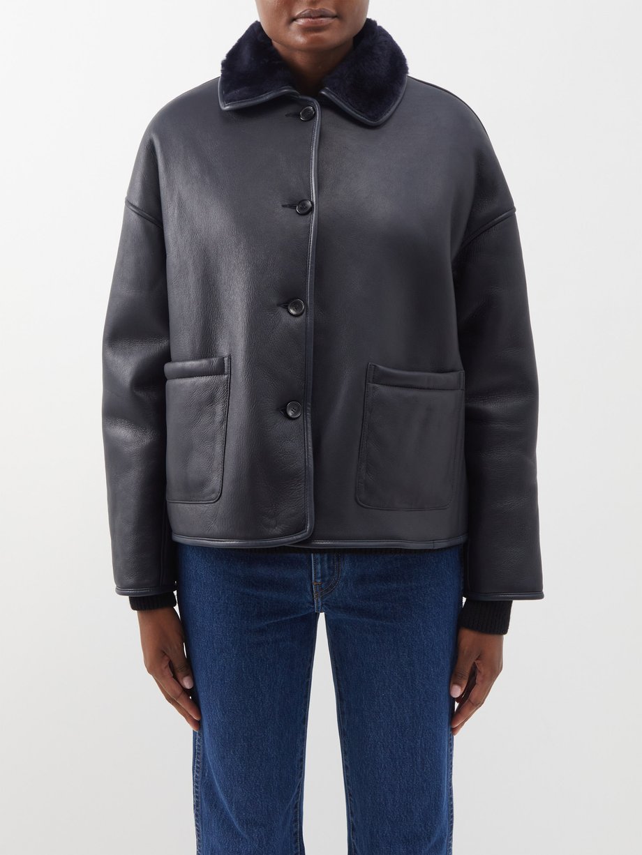 Navy Reversible shearling leather jacket | Cawley Studio ...
