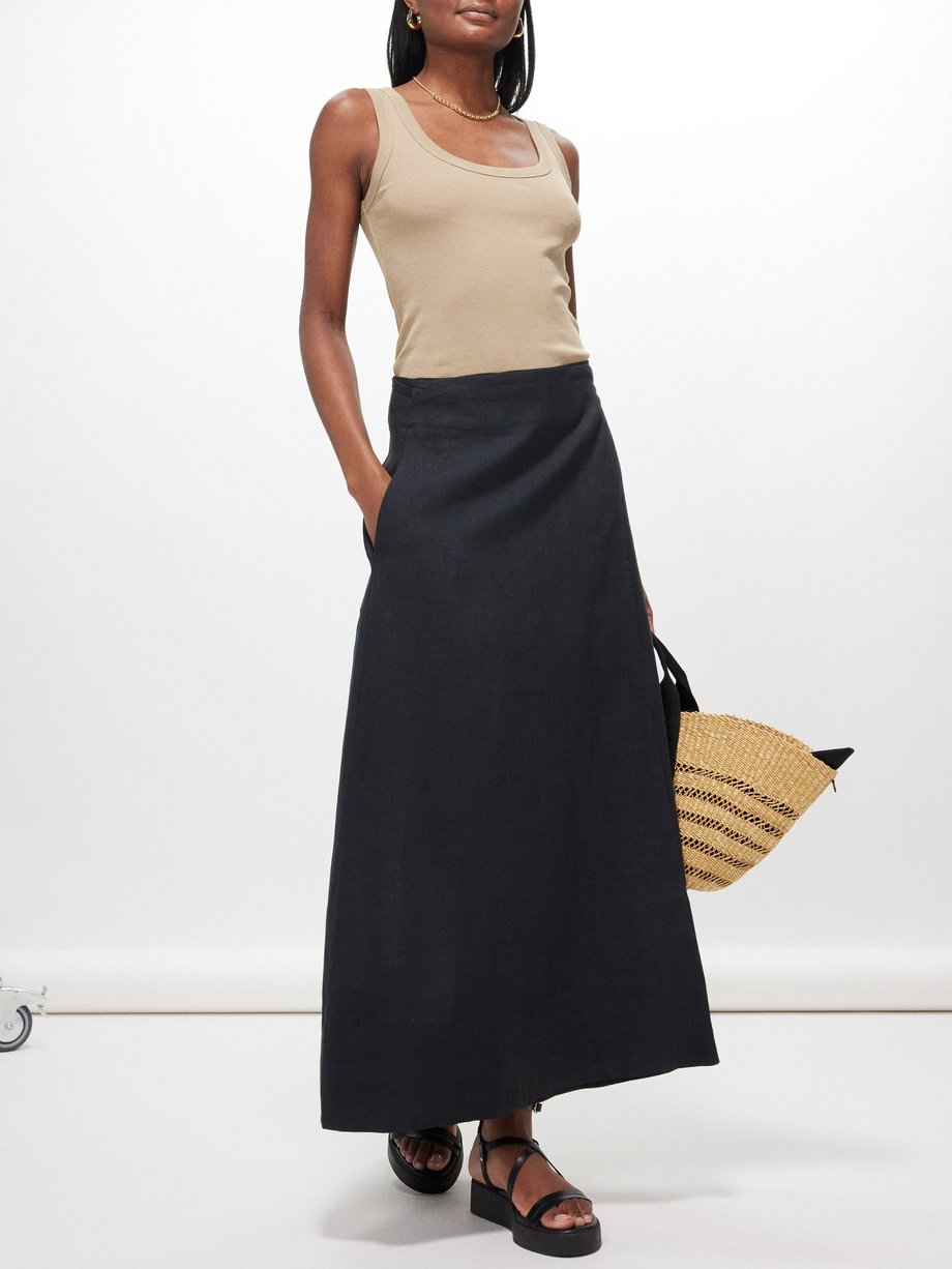 Black Amalfi high-rise linen A-line midi skirt, Asceno