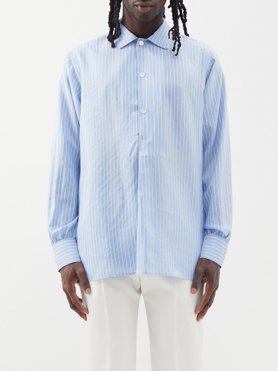 Blue Half-placket striped silk shirt | Umit Benan B+