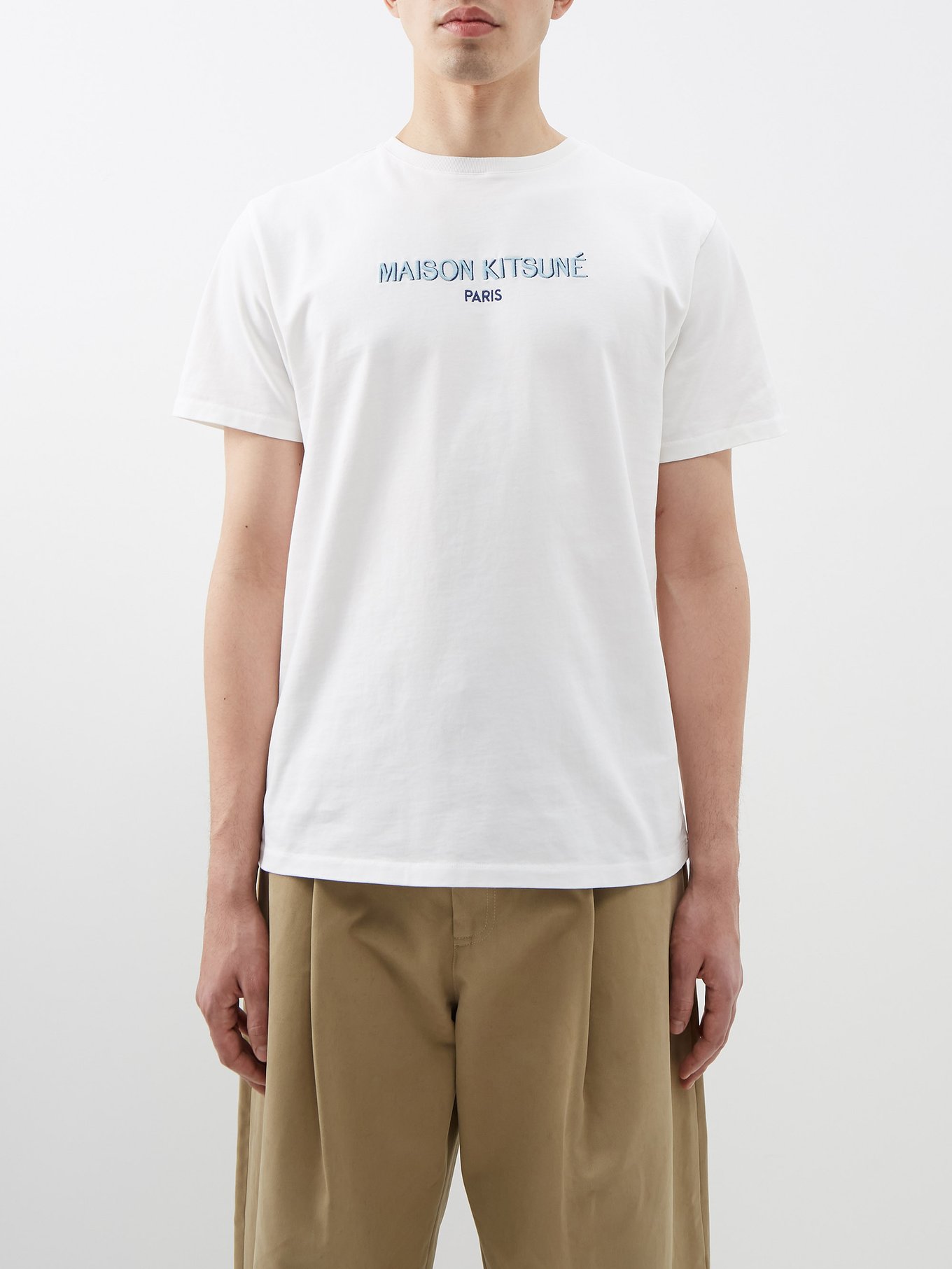 White Logo-embroidered cotton-jersey T-shirt | Maison Kitsuné