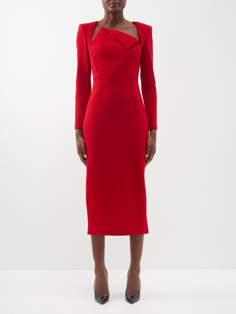 Red Asymmetric folded-front wool midi dress | Roland Mouret |  MATCHESFASHION US