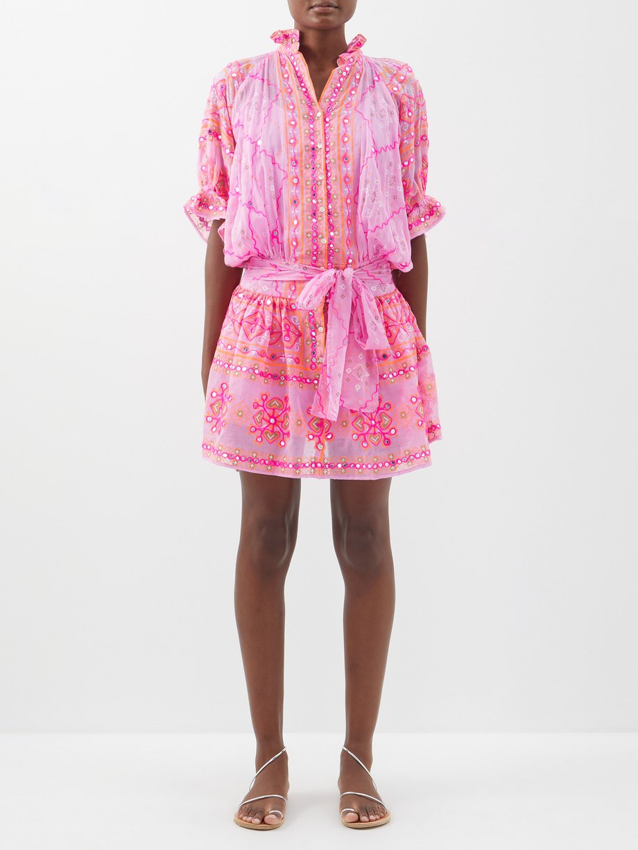 Embroidered cotton minidress in pink - Juliet Dunn