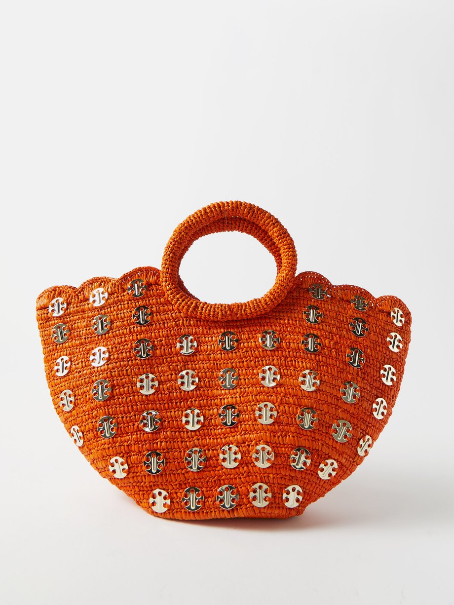Orange Eyelet-embellished raffia tote bag | Paco Rabanne ...
