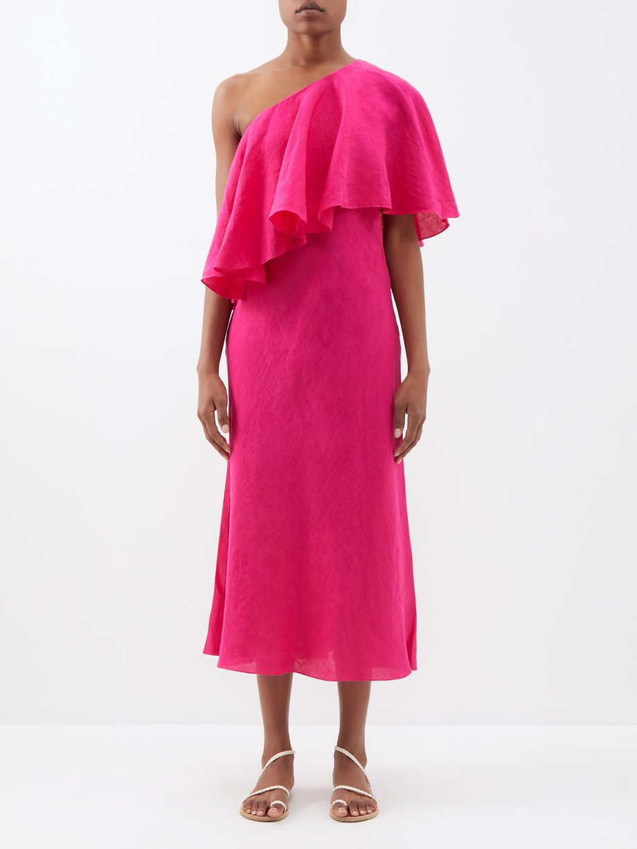 Pink Valentina one-shoulder frilled linen dress | Three Graces London ...