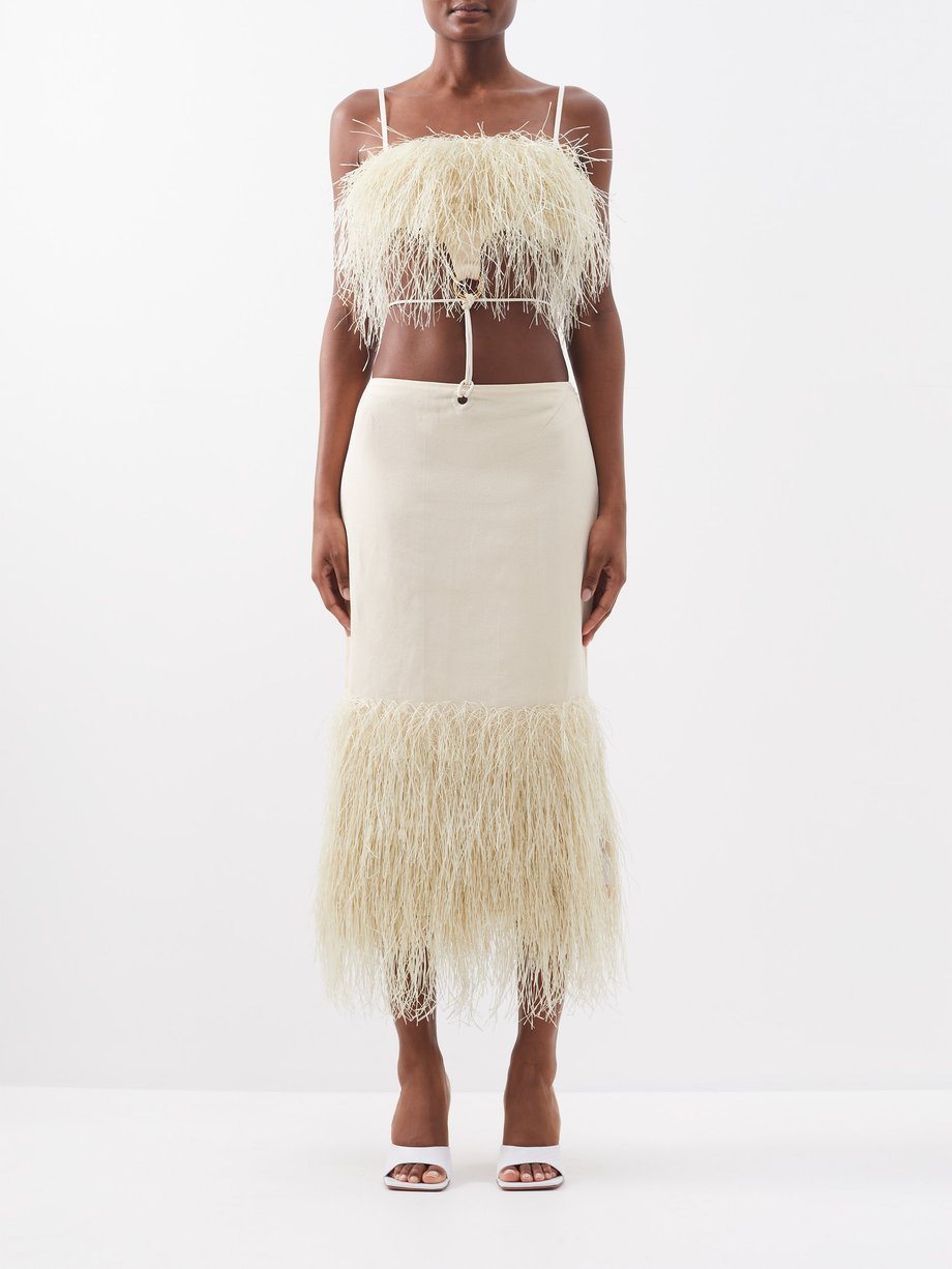 자크뮈스 Jacquemus Neutral Fringed cutout cotton-blend midi dress