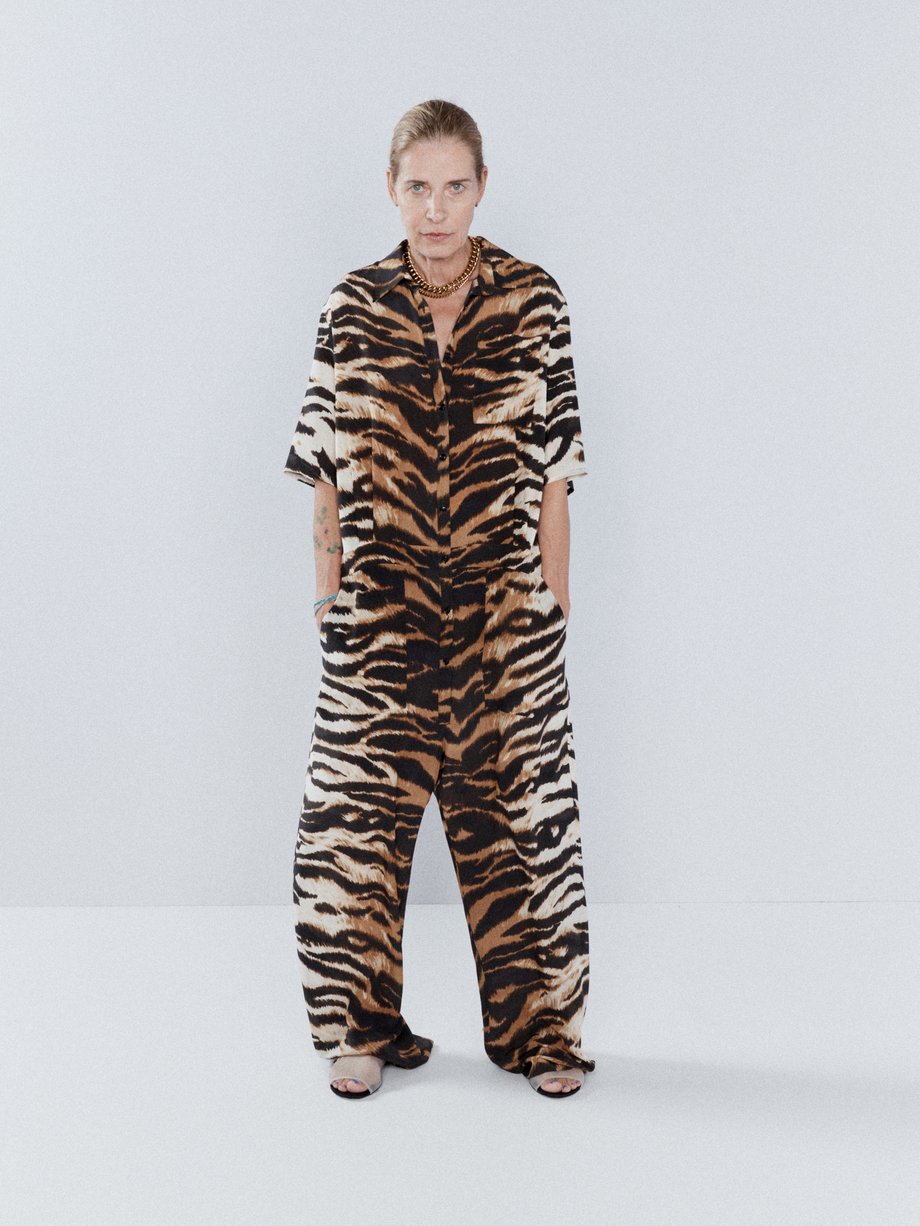 Brown Tiger-print silk wide-leg jumpsuit | Raey | MATCHES UK