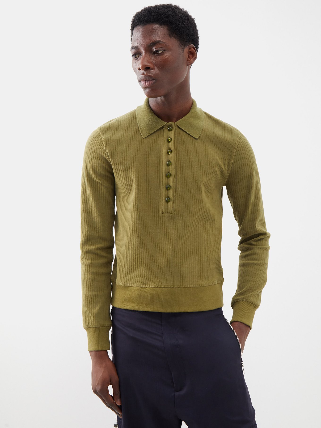 Green Samira glass-button stretch-cotton polo shirt | Namacheko