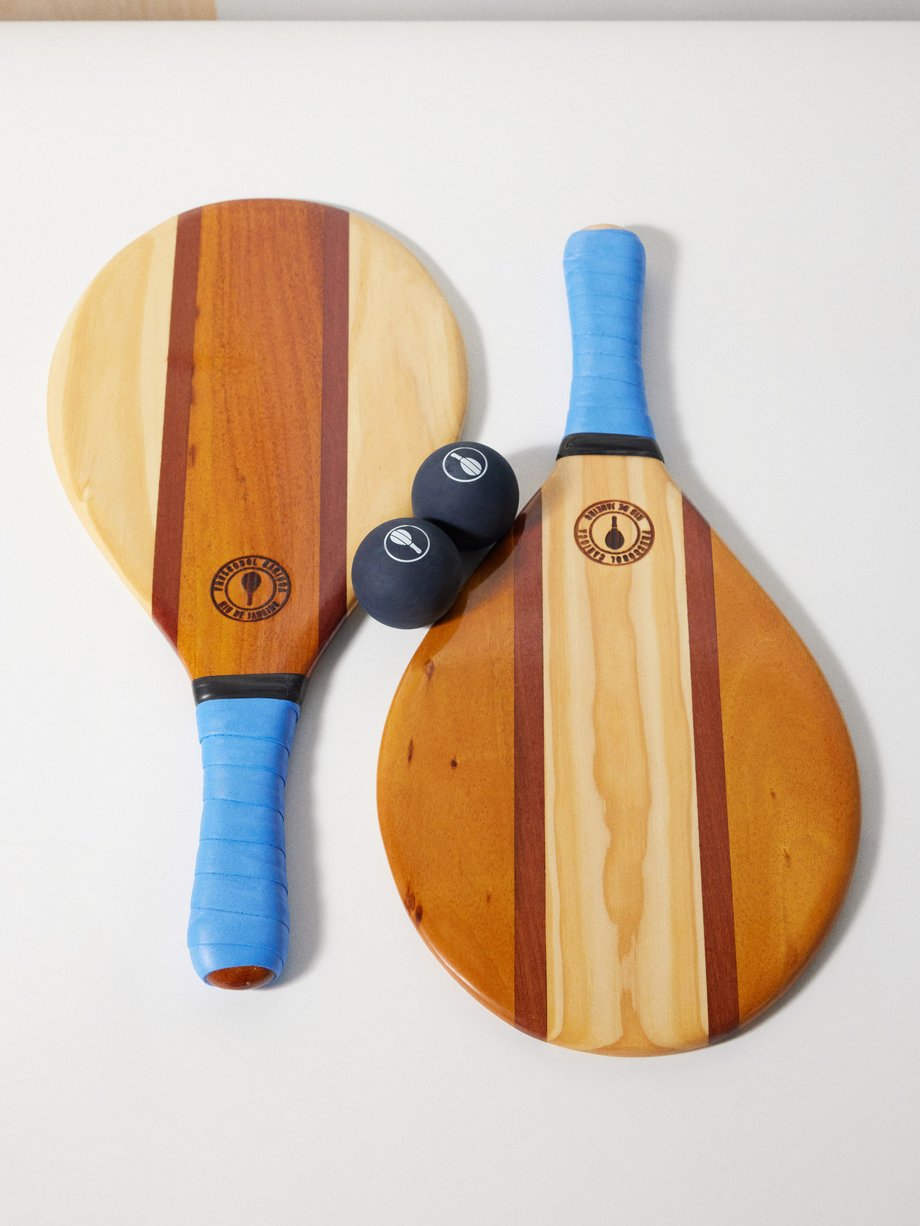 Blue Trancoso wooden beach bat set | Frescobol Carioca | MATCHES UK