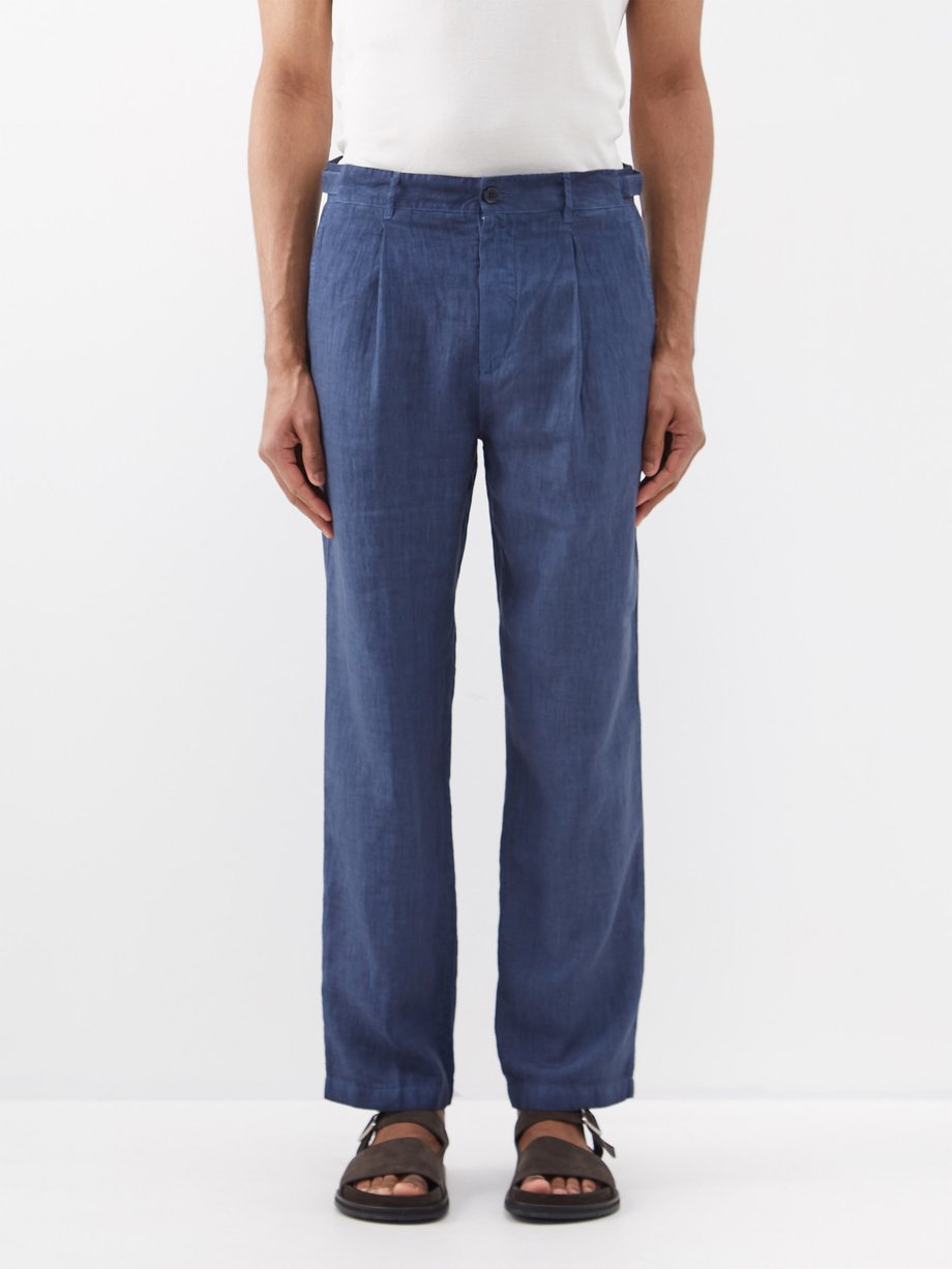 Blue Slim-leg pleated linen suit trousers | 120% Lino | MATCHESFASHION UK
