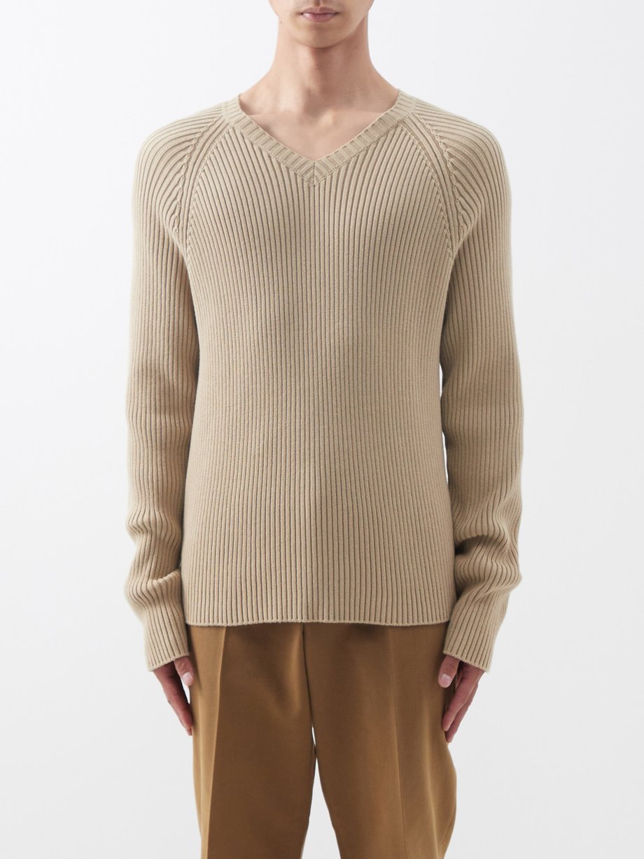Beige Tomas V-neck ribbed-knit sweater | The Row | MATCHESFASHION US