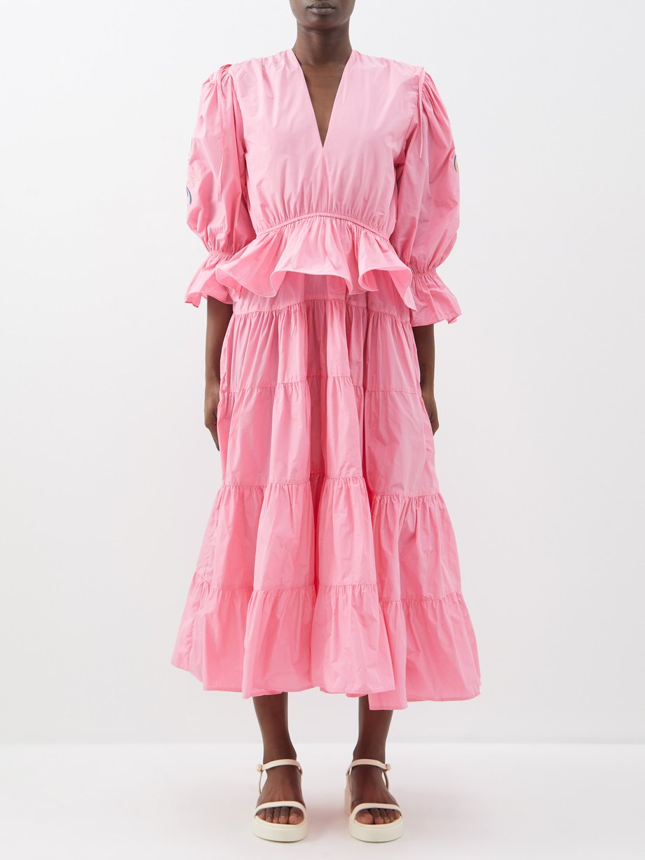 Pink Beatrice V-neck ruffled recycled-fibre midi dress | Lug Von Siga ...