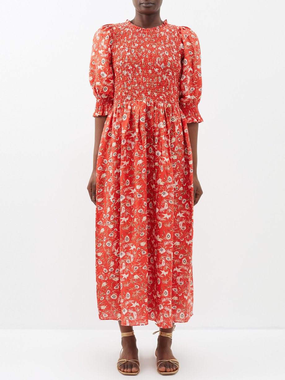 Red Julia Birds of Blessing-print linen midi dress | Muzungu Sisters ...