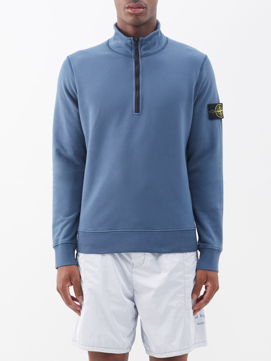 Stone Island ストーンアイランド Stand collar quarter-zip cotton-jersey sweatshirt  ブルー｜MATCHESFASHION（マッチズファッション)