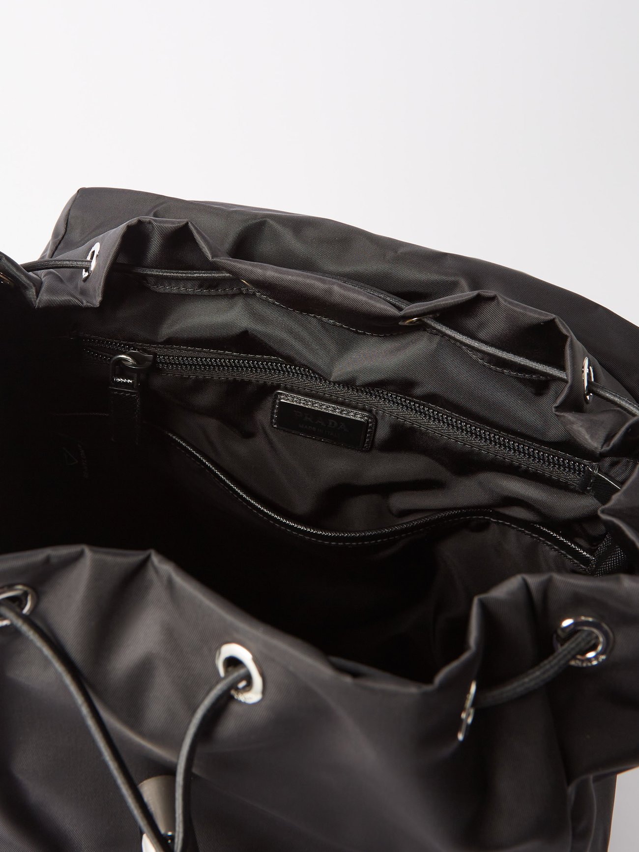 Black Saffiano leather-trimmed Re-Nylon backpack, Prada