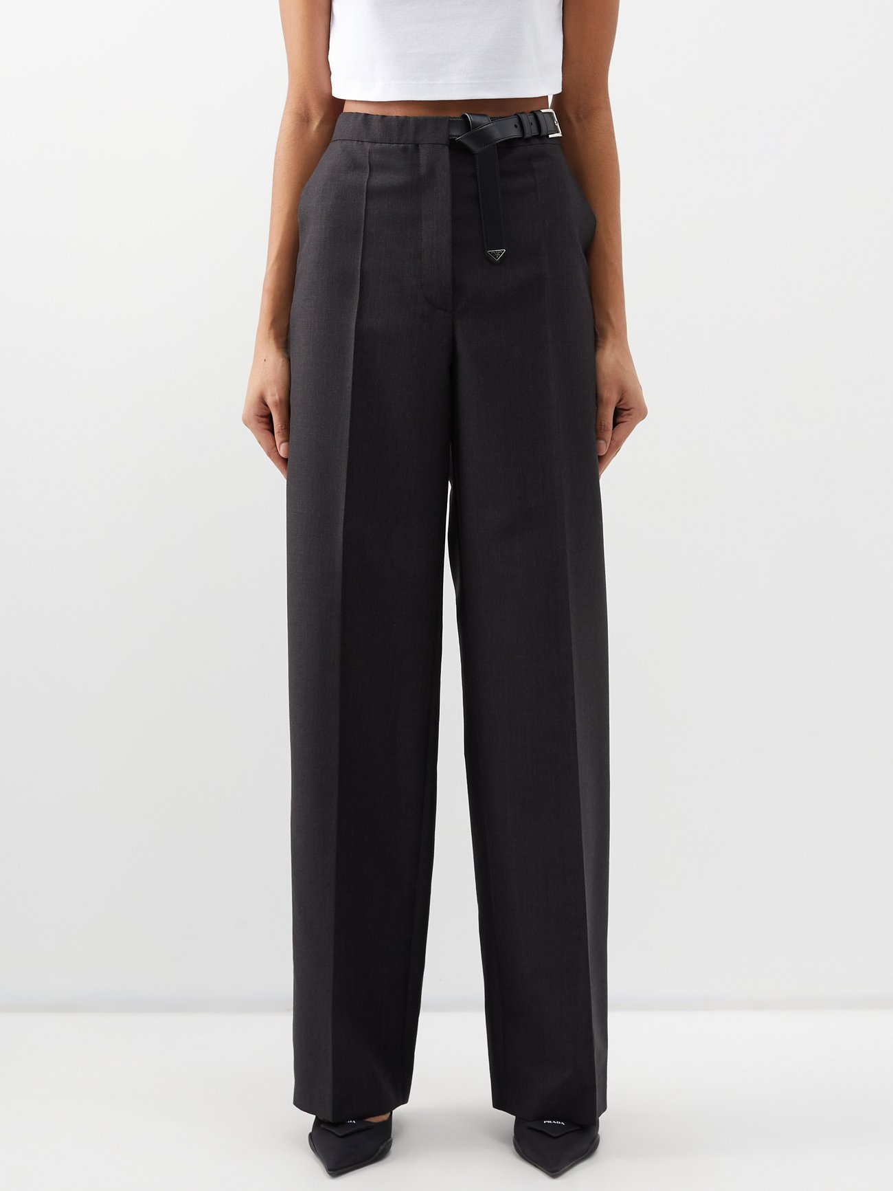 Belted wide-leg mohair-blend trousers