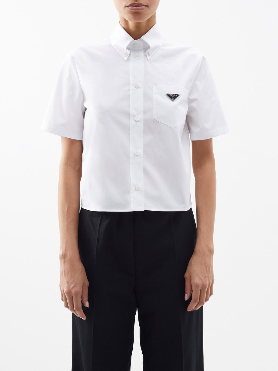 White Logo-plaque cotton-poplin cropped shirt | Prada | MATCHESFASHION US