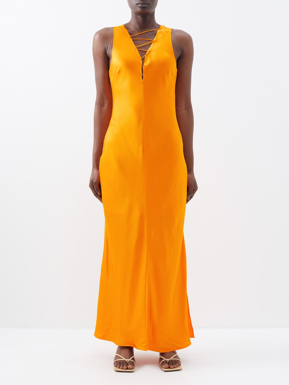 Orange Striped lace-front satin midi dress | FRAME | MATCHES UK