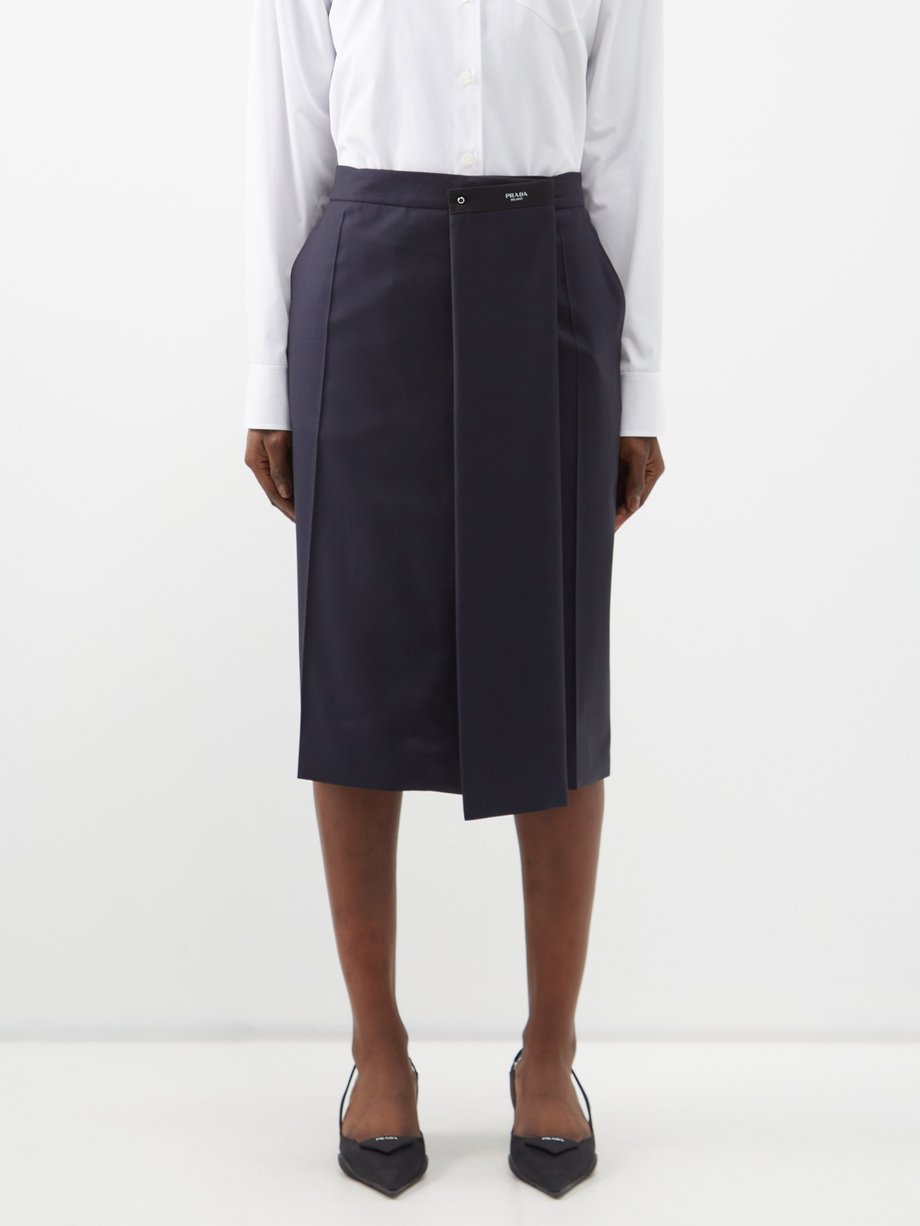 Navy Batavia high-rise wrap-waist wool midi skirt | Prada | MATCHES UK