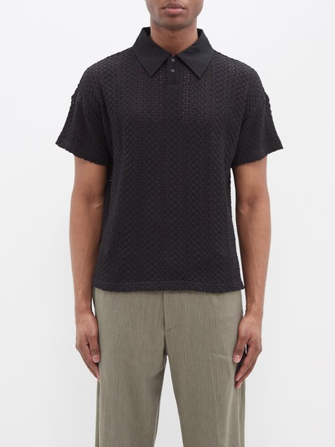 Black Balfous textured-knit cotton polo shirt | Sasquatchfabrix 