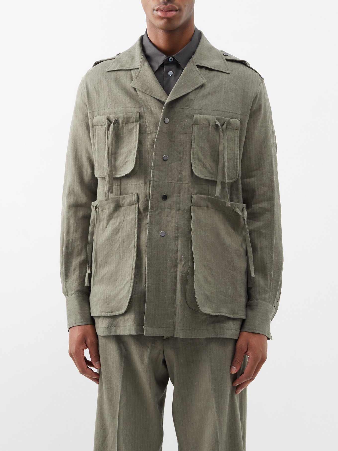 Green Bush drawstring-pockets linen-blend overshirt