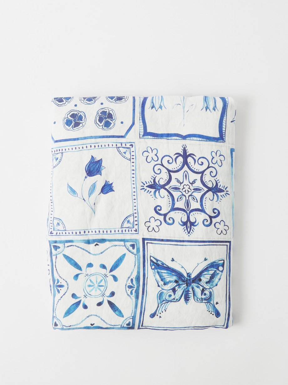 Summerill & Bishop Azulejos tile-print 300cm x 165cm linen tablecloth