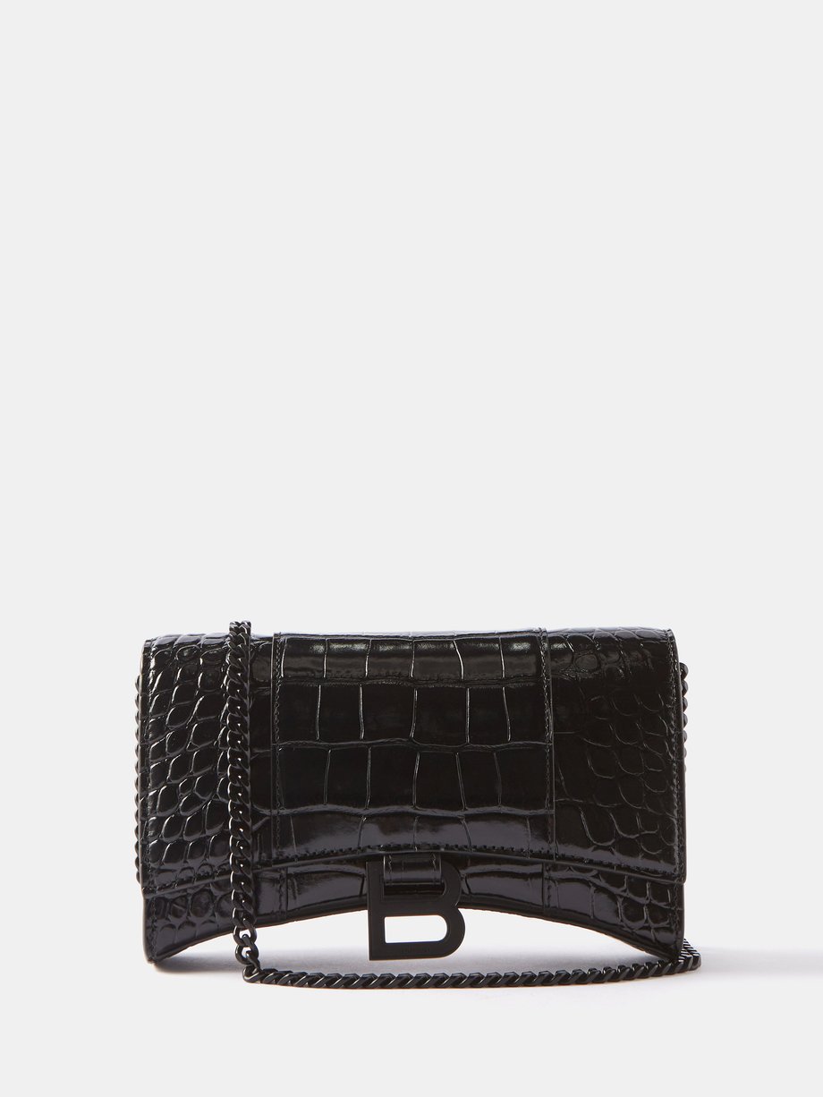 Black Hourglass croc-effect leather cross-body bag, Balenciaga