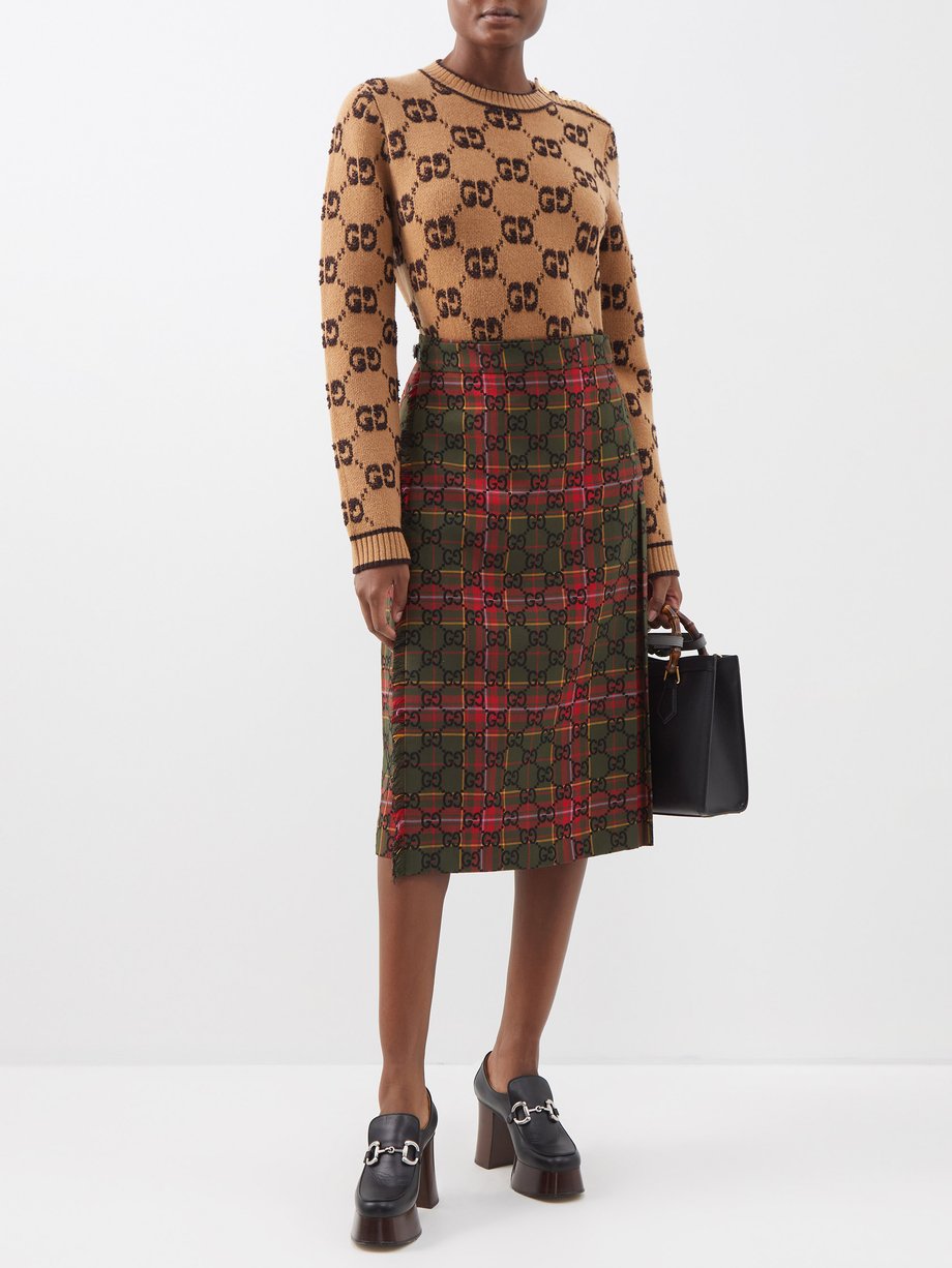 Green GG-embroidered tartan wool-blend wrap skirt | Gucci ...