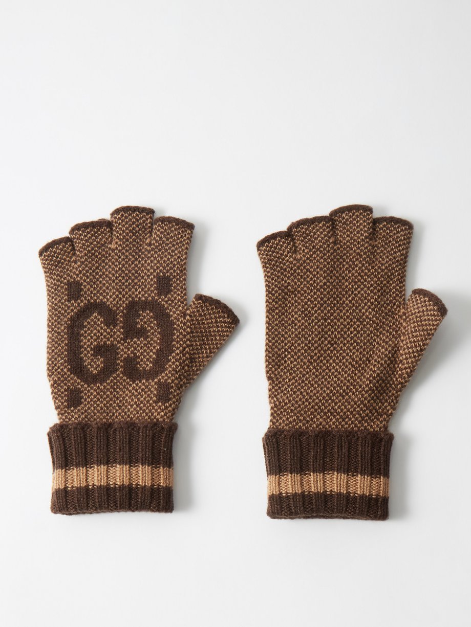 Brown GG-jacquard fingerless cashmere gloves | Gucci | MATCHES UK