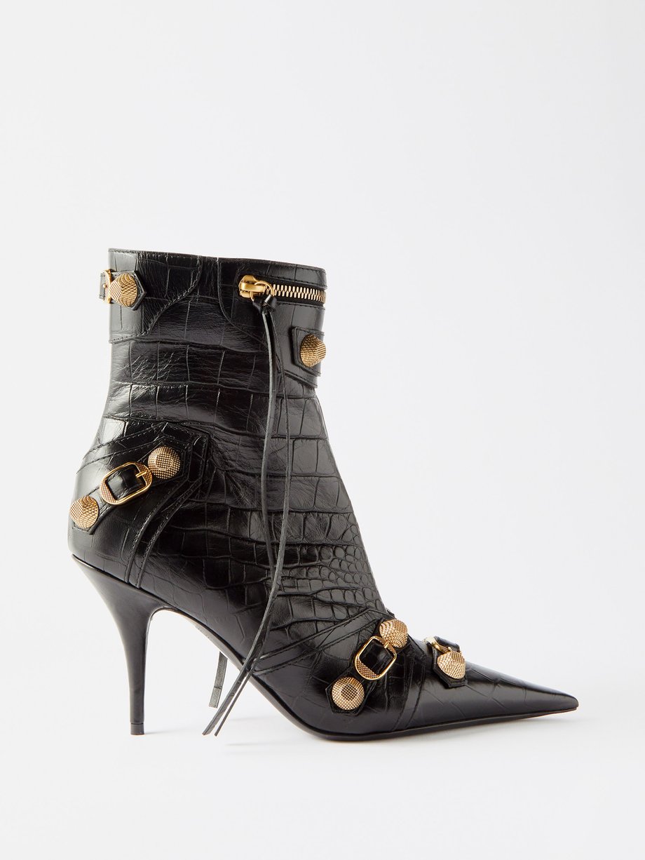 BALENCIAGA Open Toe Black Leather High Heel Boots Sz 375 795  eBay