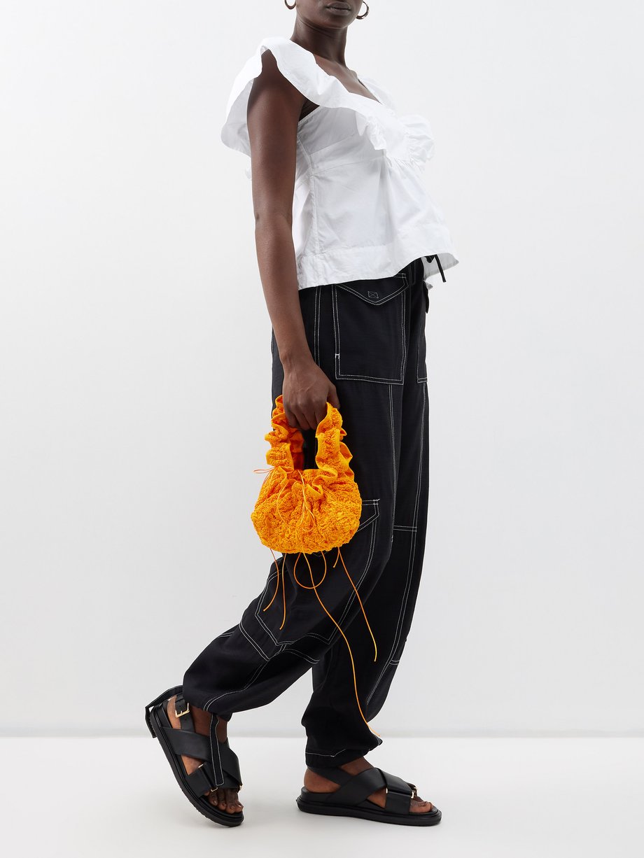 Black Paperbag-waist contrast-stitch cargo trousers, Ganni