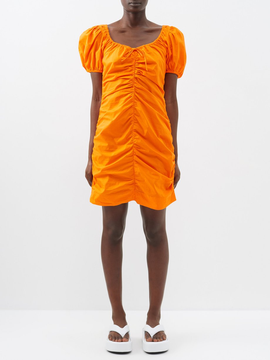 가니 원피스 GANNI Orange Gathered cotton-poplin mini dress
