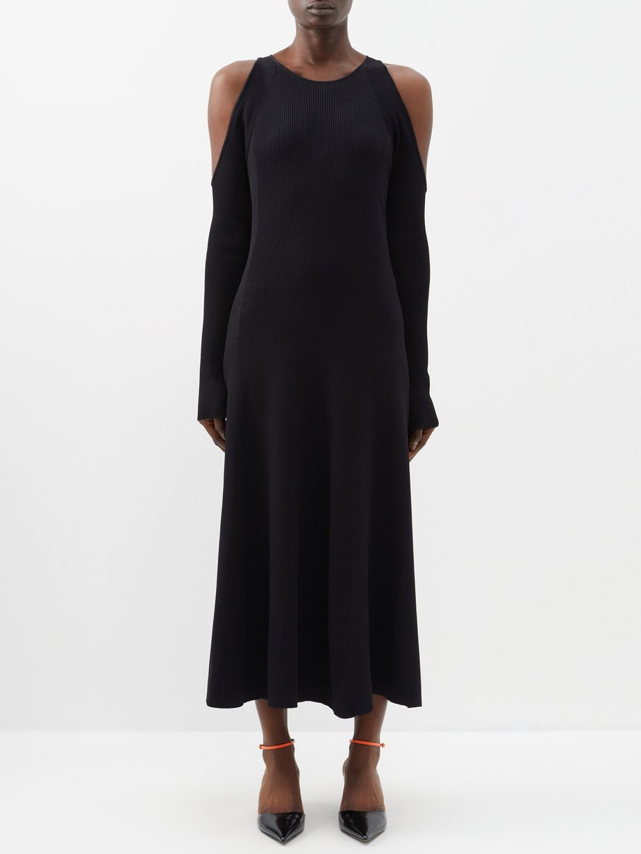 Black Cutout-shoulder knitted midi dress | Ganni | MATCHESFASHION UK