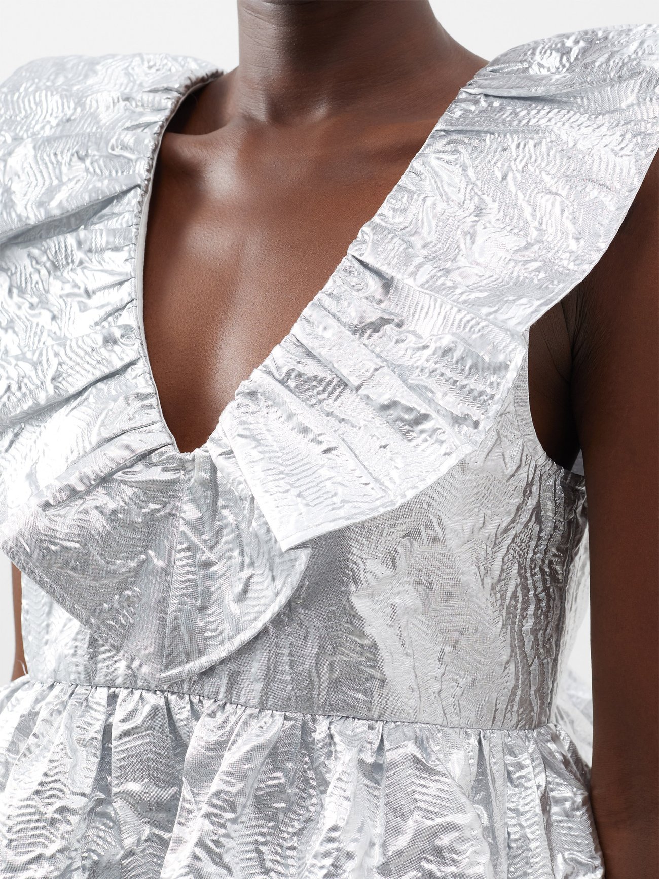 Silver V-neck metallic-jacquard midi dress | Ganni | MATCHESFASHION US