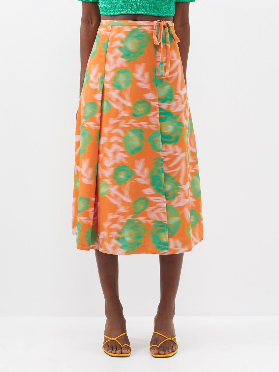 GANNI Orange Blurred floral-print crepe wrap skirt