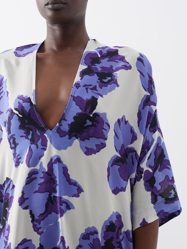 Raey Purple iris-print deep-V silk dress