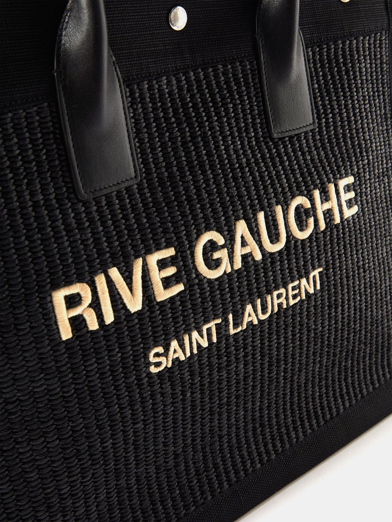 Saint Laurent Rive Gauche Small Tote Bag in Raffia and Leather - Black - Women
