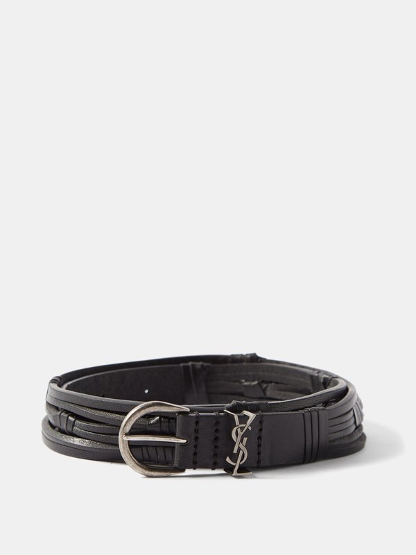 Black Logo-buckle braided leather belt, Saint Laurent