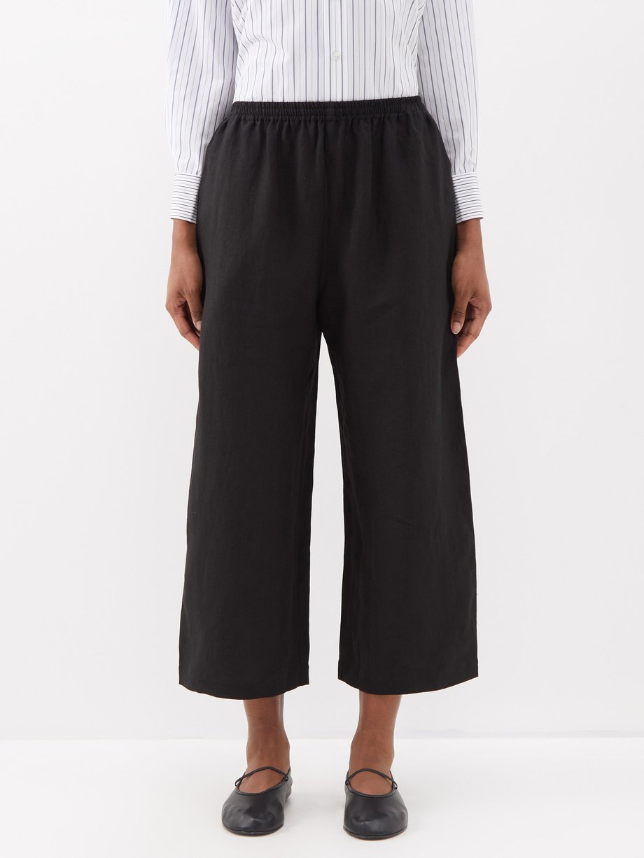 Black Elasticated-waist cropped linen wide-leg trousers | Eskandar ...