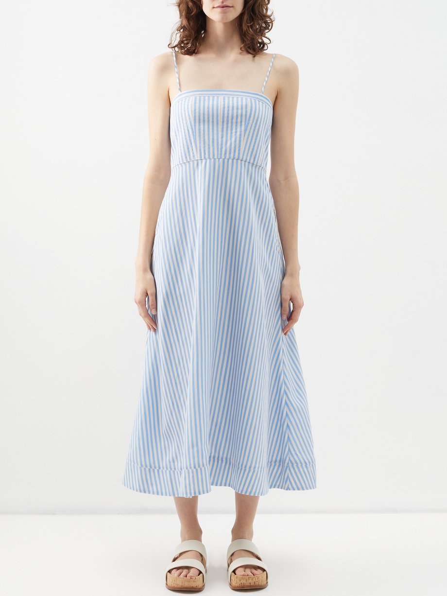 Blue Tie-back striped twill midi dress | La Ligne | MATCHES UK