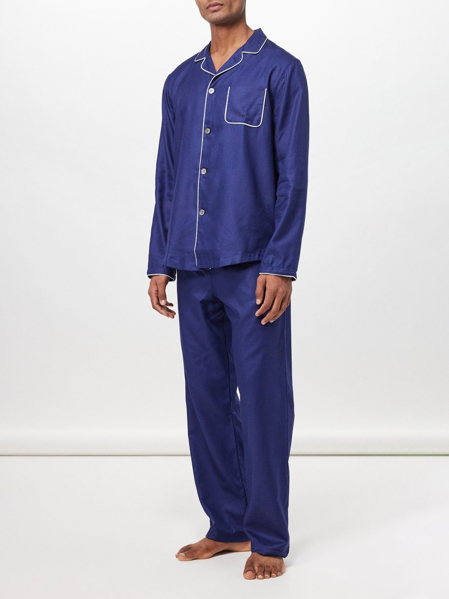 Navy Lombard piped cotton-jacquard pyjamas | Derek Rose | MATCHES UK