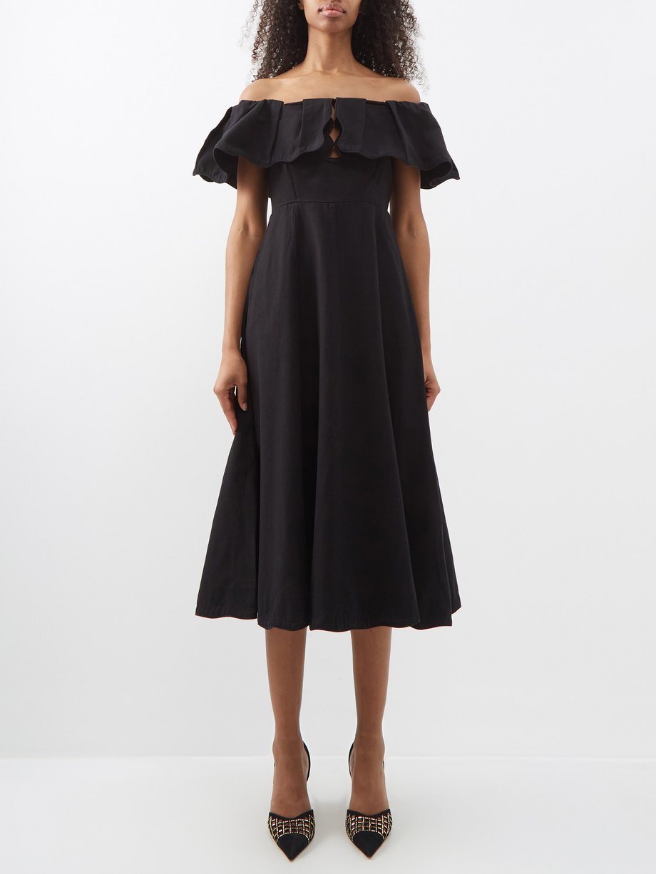 Black Leona off-the-shoulder cotton-blend midi dress | Sea | MATCHES UK