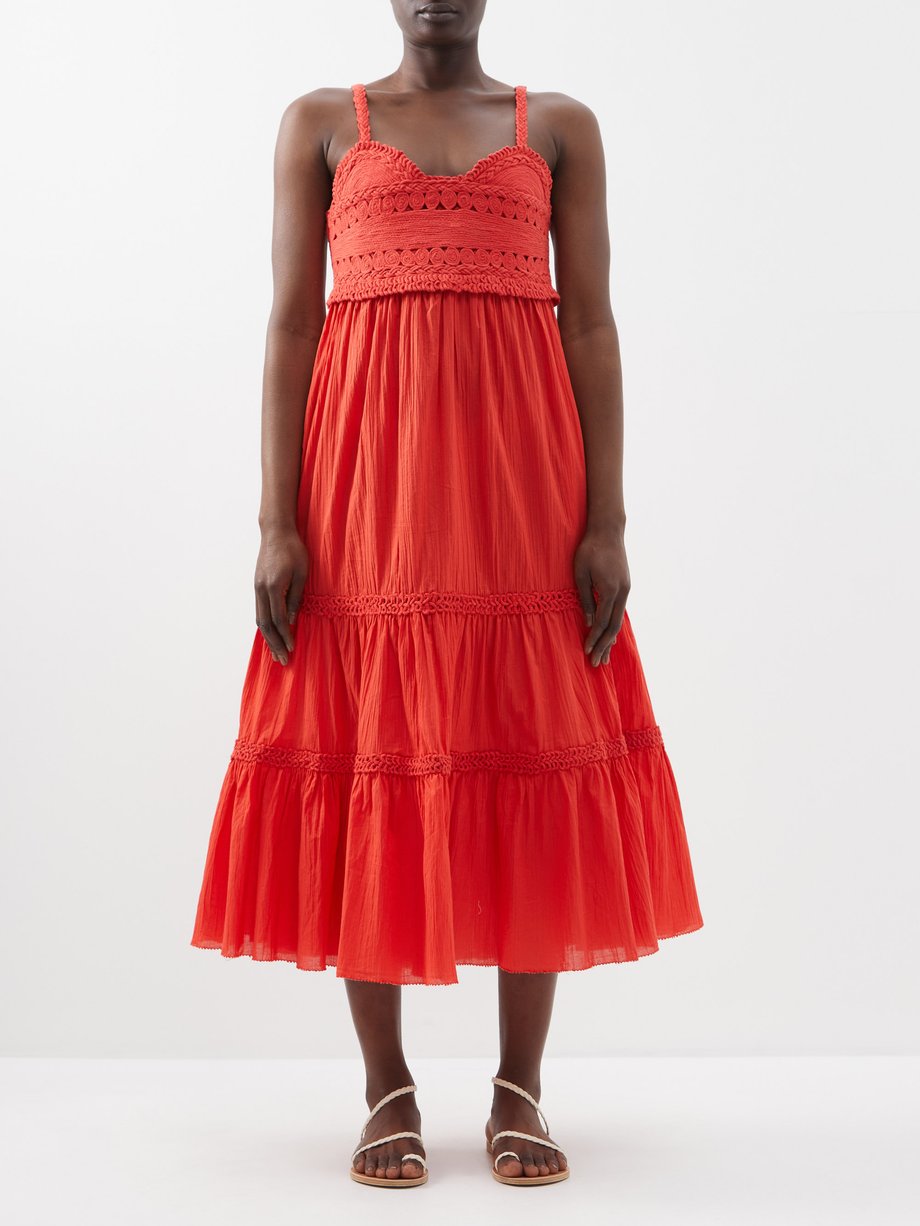 Red Camila corded-bodice cotton midi dress | Sea | MATCHES UK