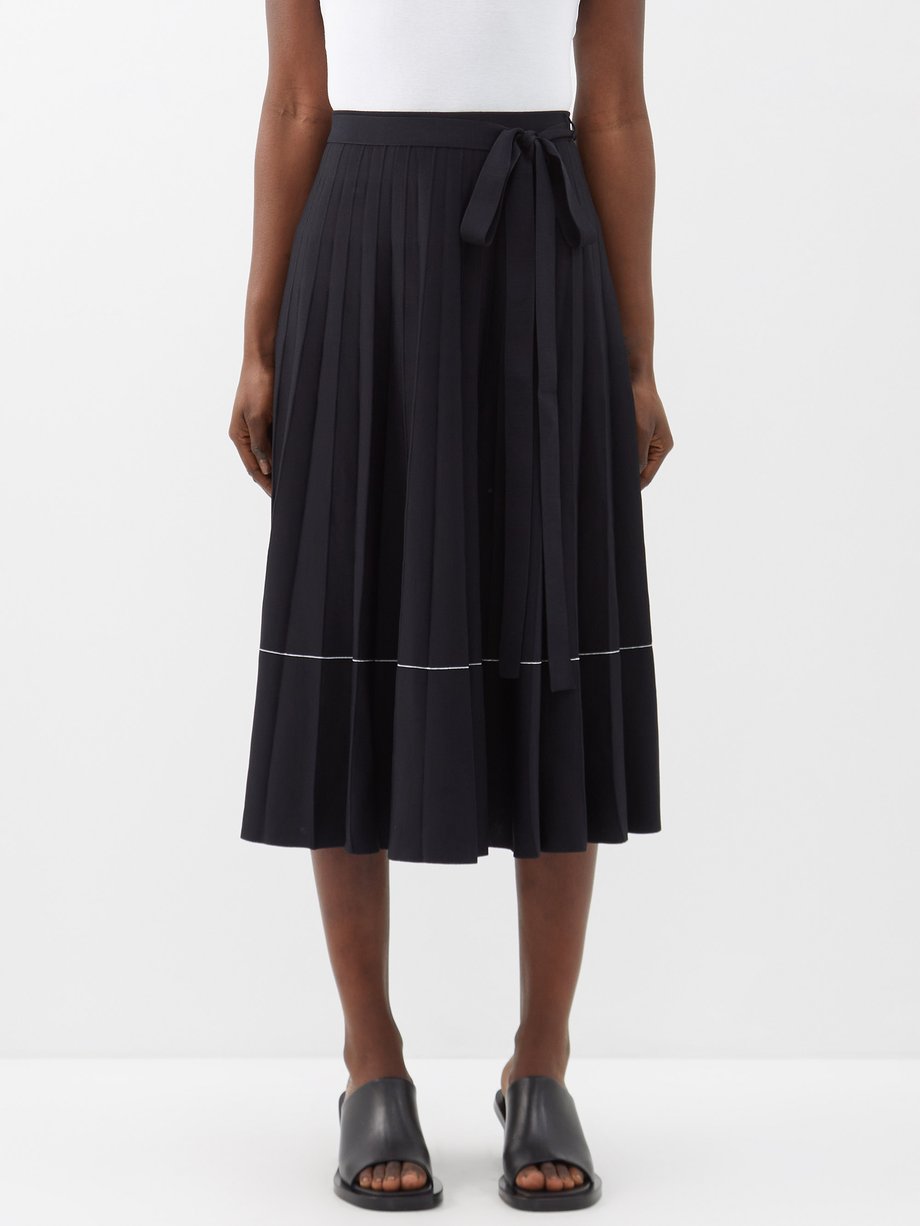 Black Pleated jersey midi skirt | Another Tomorrow | MATCHES UK