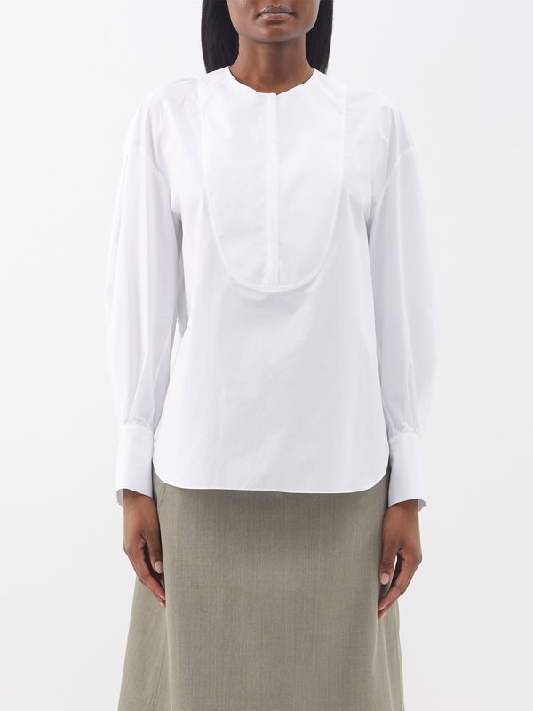 Another Tomorrow Bib-front organic-cotton blouse