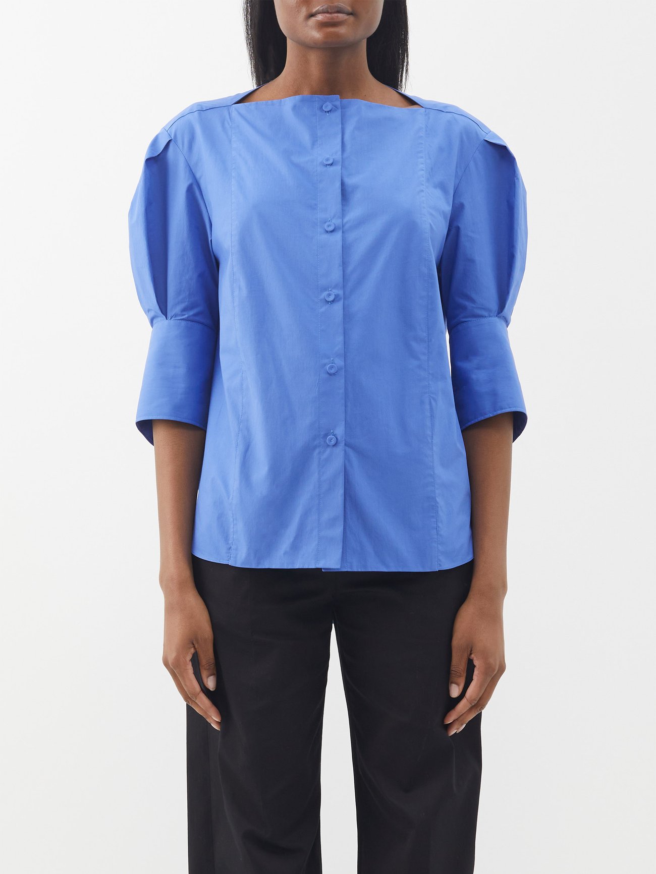 Blue Pleated-sleeve cotton-poplin oversized shirt | Another Tomorrow ...